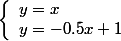 \left\lbrace\begin{array}l y=x\\ y=-0.5x+1 \end{array}\right.